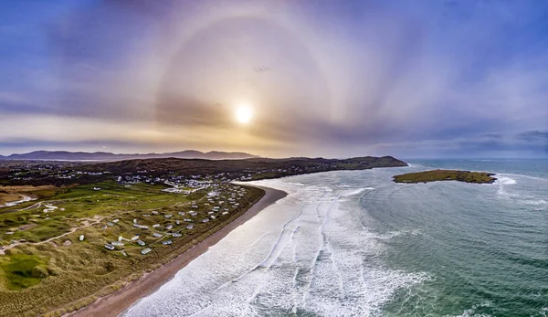 Aerial view of Cashelgolan, Castlegoland, beach, Carrickfad and the awarded Narin Beach by Portnoo County Donegal, Ireland including an amazing 22degree Halo — Stock Photo, Image