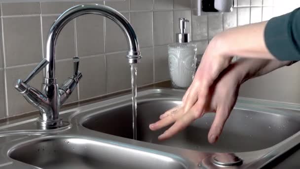 Proper washing of hands demonstrated at steel kitchen sink — Stock Video