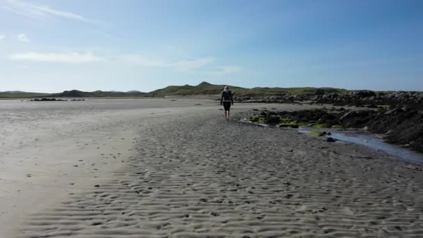 Mooie dame wandelen op eenzaam zandstrand — Stockvideo