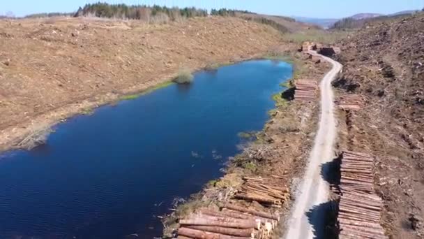 Pilas de madera aérea en Bonny Glen en el Condado de Donegal - Irlanda — Vídeo de stock