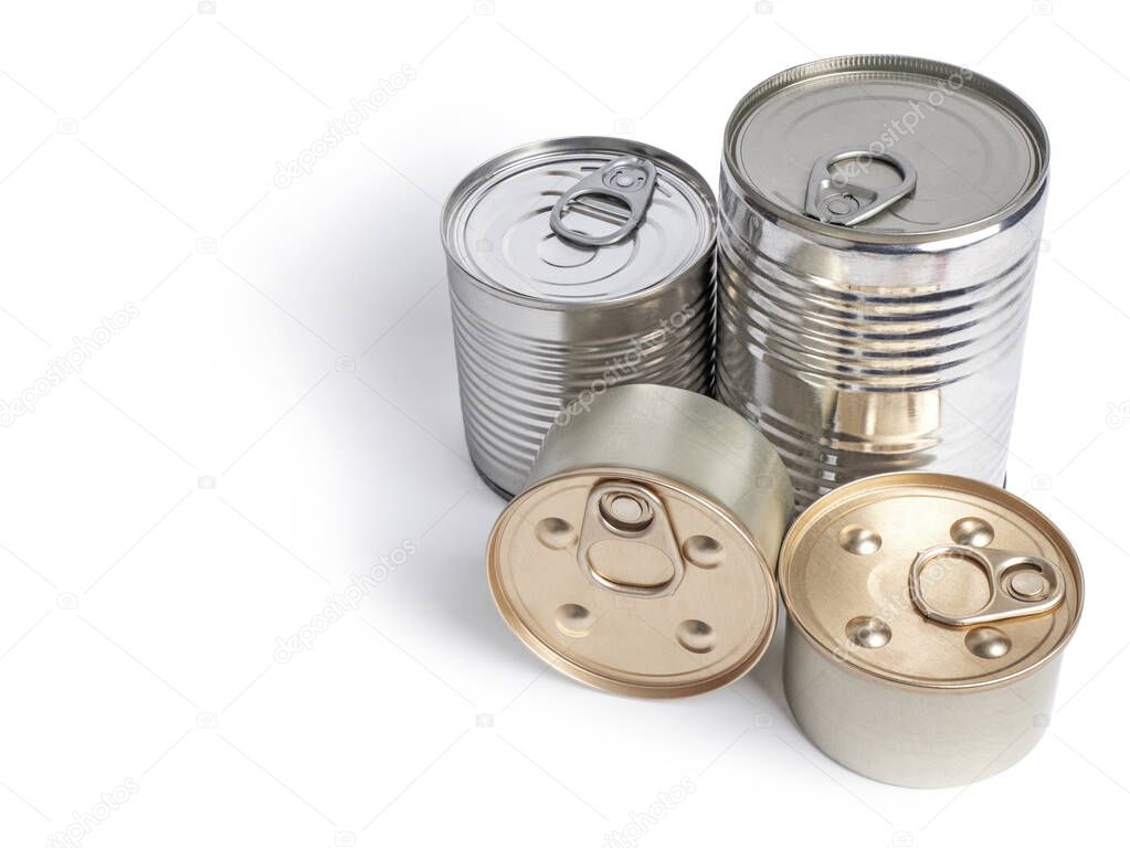 Canned food on white background. Top view