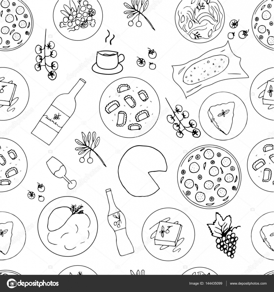 Doodle pizza pattern. Seamless print of national Italian food