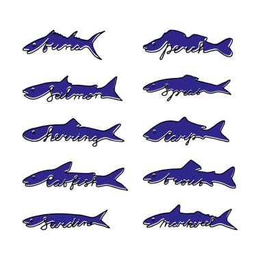 Elle çizilmiş balık türleri ile yazı. 