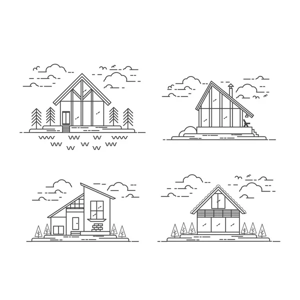 Vector flat line modern house illustration  set — Stock Vector