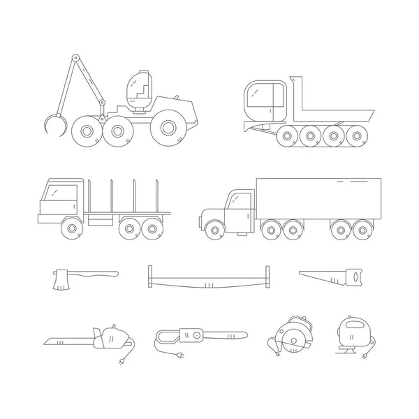 Bosbouw machines lijn vector icon set — Stockvector