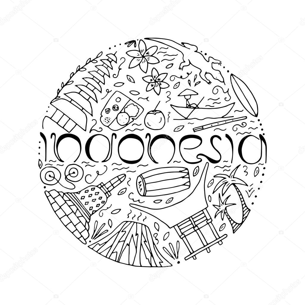 Hand drawn concept with symbols of Indonesia.