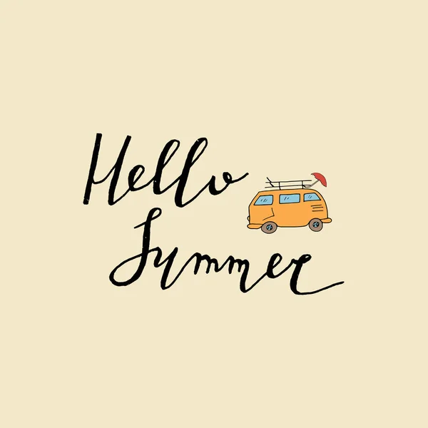 Hello summer lettering with hippie car. — Stock Vector