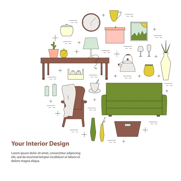 Elementos del vector de artículos para el hogar. Concepto redondo de diseño interior . — Vector de stock