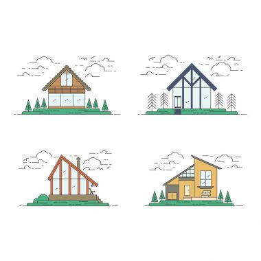 Vektör düz çizgi modern ev illüstrasyon set