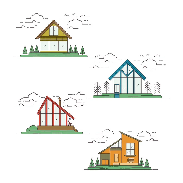 Διάνυσμα γραμμή σύγχρονο σπίτι συλλογή με σύννεφα, πουλιά, δέντρα, λίμνη. — Διανυσματικό Αρχείο