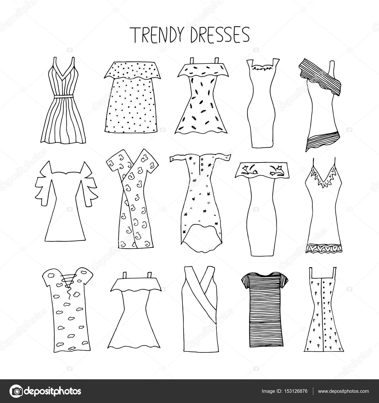 Hand drawn trendy dresses design concept. Fashion dresses with s Stock ...