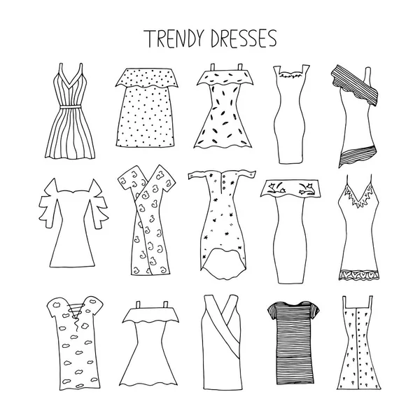 Hand drawn trendy dresses design concept. Fashion dresses with s — Stock Vector