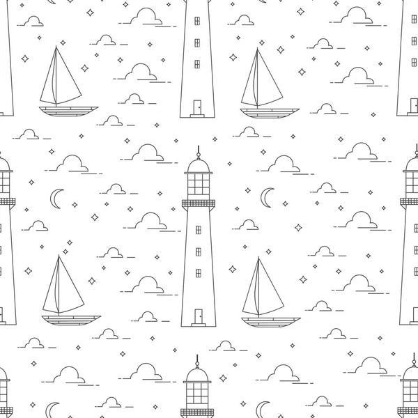 Lighthouse, sea, sailboat, moonlight nigh — Stock Vector