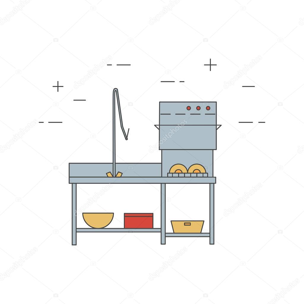 Dishmachine isolated line icon. Commercial dishwasher vector concept.