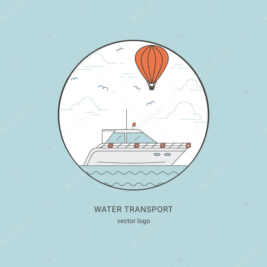 Sea landscape, yacht, balloon sky vector illustration. 