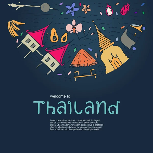Símbolos da Tailândia. Conceito de design desenhado à mão com o att principal — Vetor de Stock