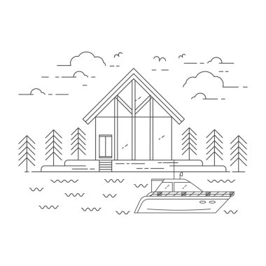 Düz çizgi vektör çizim manzara, house, orman da dahil olmak üzere
