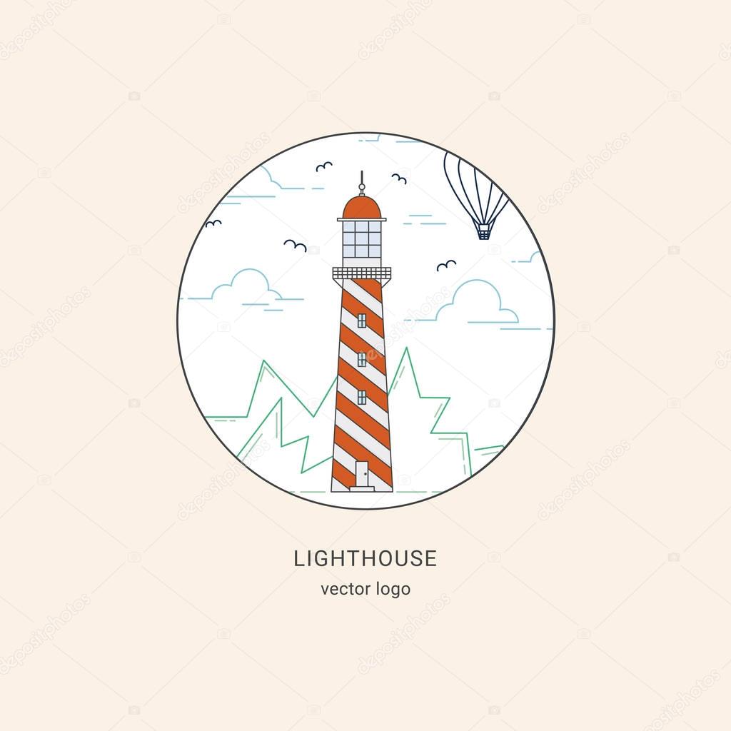 Flat line vector illustration. Lighthouse, landscape, balloon sky round logo.
