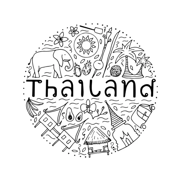 Symbols of Thailand. Hand drawn design concept with the main att — Stock Vector