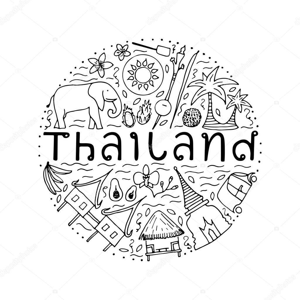 Symbols of Thailand. Hand drawn design concept with the main att