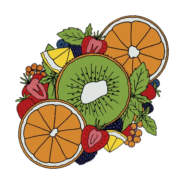 Frutos y bayas tropicales extraídas a mano. Ilustración de Doodle con — Archivo Imágenes Vectoriales