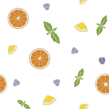 Portakal, limon dilimleri, nane, çilek ile Seamless modeli. El 
