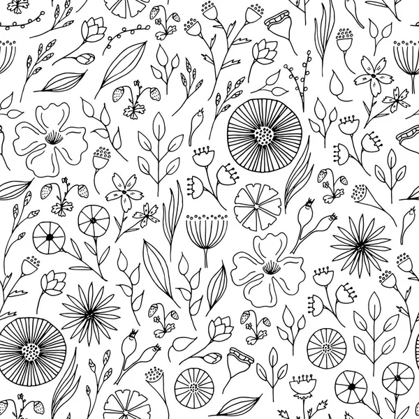 El çekilmiş çiçek seamless modeli. Doodle bitkiler ve çiçekler. — Stok Vektör