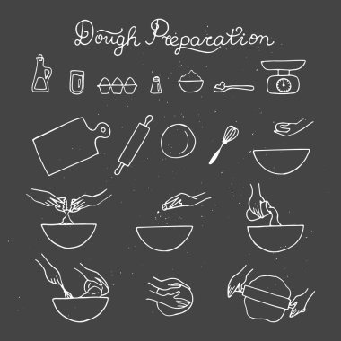 Hamur hazırlık Icon set. Elle çizilmiş illüstrasyon. 
