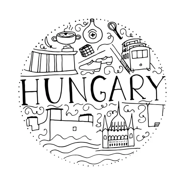 Cultura de Hungría. Símbolos dibujados a mano de Hungría. Vector redondo — Vector de stock