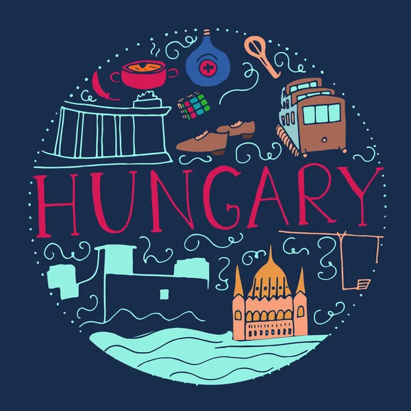 Cultura dell'Ungheria. Simboli disegnati a mano di Ungheria . — Vettoriale Stock