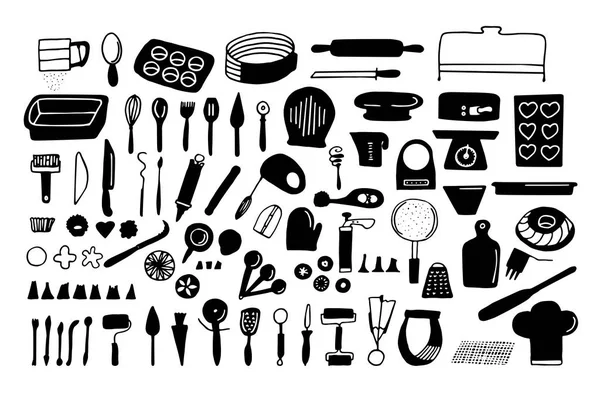 Baking tools and essentials. Hand drawn bakery supplies. Line ve Stock Vector