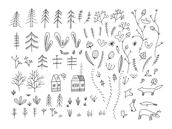 Forest doodle elements. Hand drawn cute illustrations. — Stock Vector