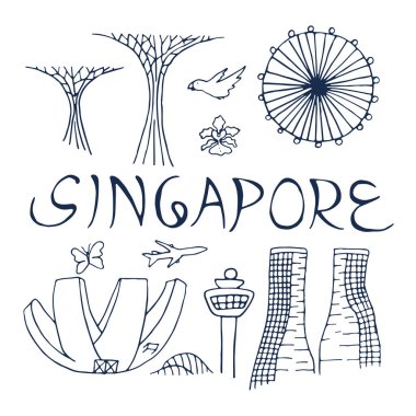 Kültür ve mimari Singapur. Singapur sembolleri. Çizilmiş vektör çizim el.