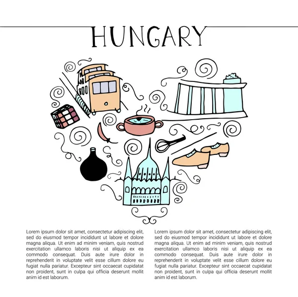 Cultura dell'Ungheria. Simboli disegnati a mano di Ungheria . — Vettoriale Stock