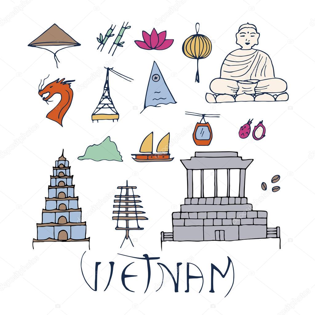 Main symbols of Vietnam isolated on white background. 
