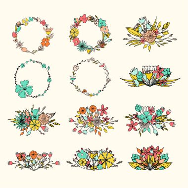 Elle çizilmiş çiçek buketleri. Romantik tasarım çerçeve çiçekli.