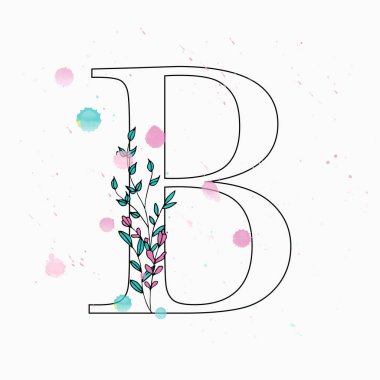 B harfi. Sulu boya damla çiçek alfabe el çekilmiş. 