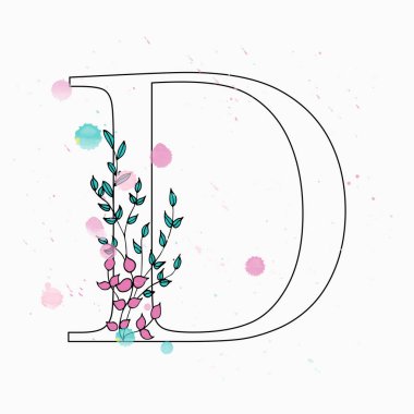 D harfi. Sulu boya damla çiçek alfabe el çekilmiş. 