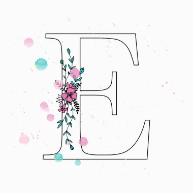 E mektup. Sulu boya damla çiçek alfabe el çekilmiş. 