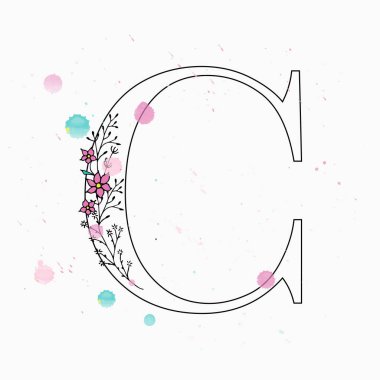 C harfi. Sulu boya damla çiçek alfabe el çekilmiş. 