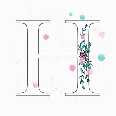 H harfi. Sulu boya damla çiçek alfabe el çekilmiş. 