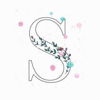 S harfi. Sulu boya damla çiçek alfabe el çekilmiş. 