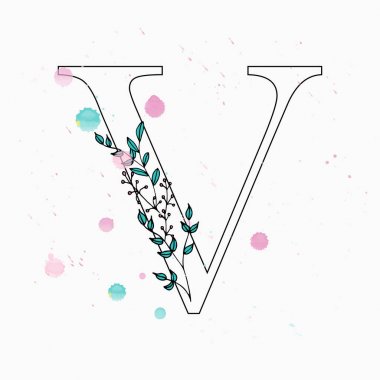 V harfi. Sulu boya damla çiçek alfabe el çekilmiş. 