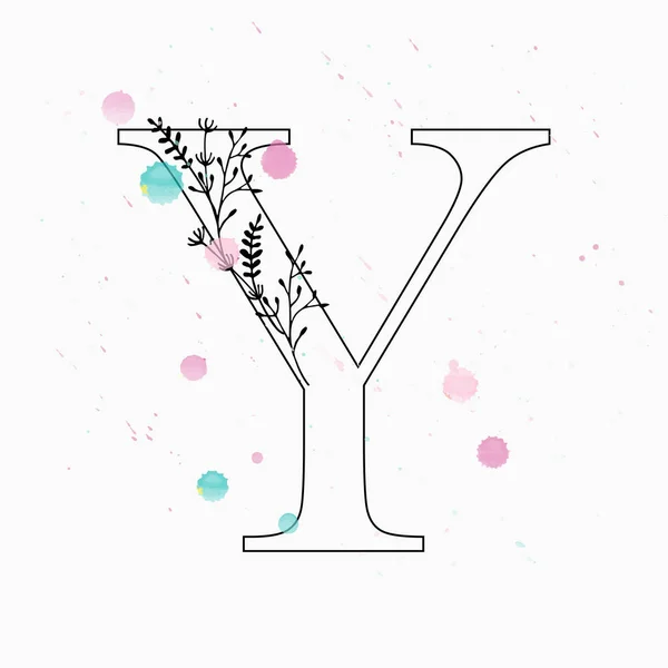 Y 文字。手描き水彩の滴と花アルファベット. — ストックベクタ