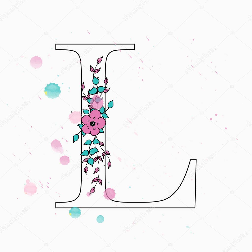 L letter. Hand drawn floral alphabet with watercolor drops. Vector wedding symbol.
