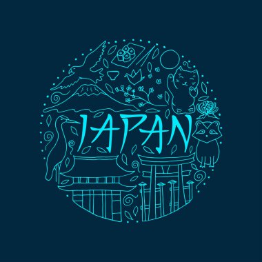 Japonya çizilmiş sembolleri yuvarlak tasarım konsepti içinde el. 