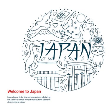 El Japonya'nın sembolleri çizilmiş. Japon Kültür ve mimari. 