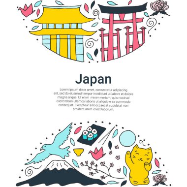 El Japonya'nın sembolleri çizilmiş. Japon Kültür ve mimari. 