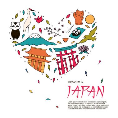 El Japonya'nın sembolleri çizilmiş. Japon Kültür ve mimari. 