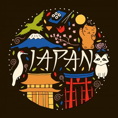 El Japonya'nın sembolleri çizilmiş. Japon Kültür ve mimari. 